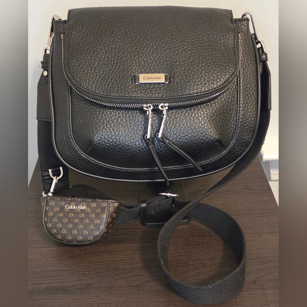 Calvin Klein Black Pebbled Leather Crossbody Bag Flap Silver Hardware w/ Pouch